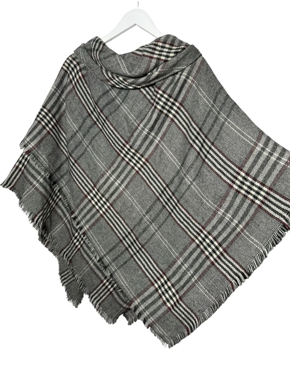 Modena Plaid Poncho Cape Shawl Fringe Cowl Neck Toggle Closure Gray One Size